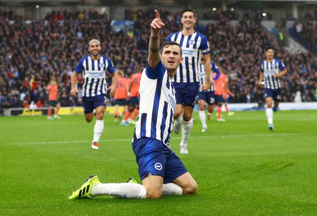 Brighton and Hove Albion's Pascal Gross celebrates scoring their first goal.(REUTERS)