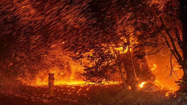 A photographer takes photos amidst a shower of embers as wind and flames rip through the area during the Kincade fire near Geyserville, California on October 24, 2019. Wildfires continued to rage across California on Friday, destroying homes and forcing evacuations, as over 1,000 firefighters tackled flames in the southern part of the state alone. (Josh Edelson / AFP) A photographer takes photos amidst a shower of embers as wind and flames rip through the area during the Kincade fire near Geyserville, California on October 24, 2019. Wildfires continued to rage across California on Friday, destroying homes and forcing evacuations, as over 1,000 firefighters tackled flames in the southern part of the state alone. (Josh Edelson / AFP)