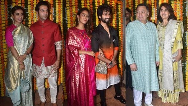 Rajkummar Rao with Patralekhaa, Shahid Kapoor with Mira, Rishi Kapoor with Neetu Singh at Ekta Kapoor’s Diwali bash in Mumbai.(Varinder Chawla)