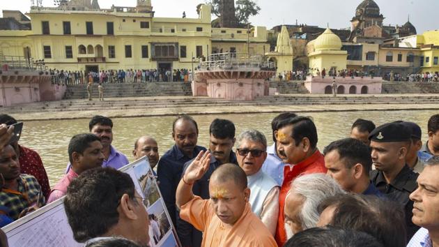 Uttar Pradesh Chief Minister Yogi Adityanath visits Ram Ki Paidi on the occasion of Diwali, in Ayodhya, Sunday. (PTI) Uttar Pradesh Chief Minister Yogi Adityanath visits Ram Ki Paidi on the occasion of Diwali, in Ayodhya, Sunday. (PTI)