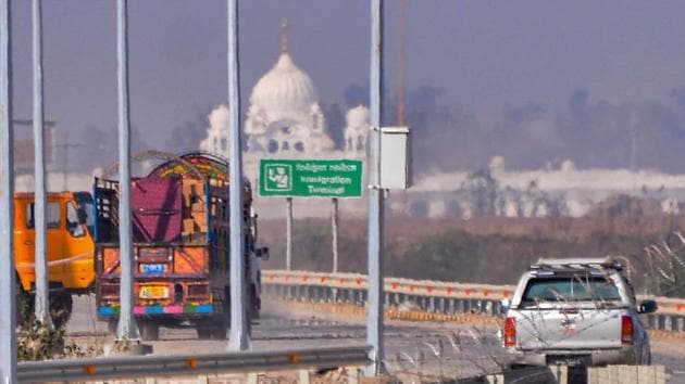Construction works underway at the Kartarpur Corridor in Pakistan side, as Gurdwara Darbar Sahib is seen in the background. (Photo: PTI) Construction works underway at the Kartarpur Corridor in Pakistan side, as Gurdwara Darbar Sahib is seen in the background. (Photo: PTI)