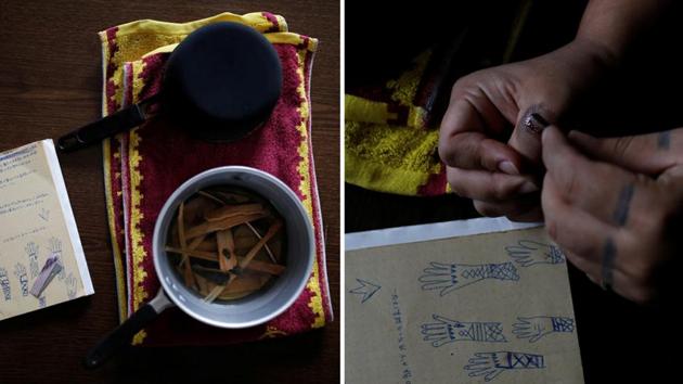 (L) Materials used for making an Ainu tattoo. (R) Hachiya cuts her thumb with a razor blade to create a tattoo. With pictures of smiling performers, a draft brochure describes Ainu culture as “on the verge of extinction.” It makes no reference to Japanese policies that forced Ainu to adopt Japanese names, speak Japanese and outlawed practices such as a traditional form of tattooing Hachiya is trying to revive. (Kim Kyung-Hoon / REUTERS)