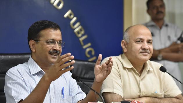 Chief Minister of Delhi Arvind Kejriwal and Deputy Chief Minister Manish Sisodia speaks to media during a press conference, at the Delhi Secretariat, in New Delhi.(Sonu Mehta/HT PHOTO)