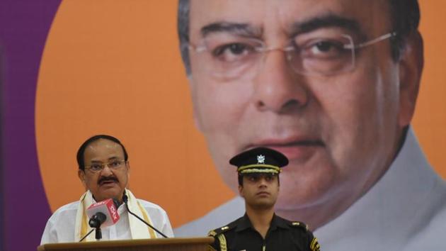 Vice President M. Venkaiah Naidu addresses the audience during the first Arun Jaitley Memorial Lecture, at Delhi University, in New Delhi. (Sanchit Khanna/ Hindustan Times) Vice President M. Venkaiah Naidu addresses the audience during the first Arun Jaitley Memorial Lecture, at Delhi University, in New Delhi. (Sanchit Khanna/ Hindustan Times)