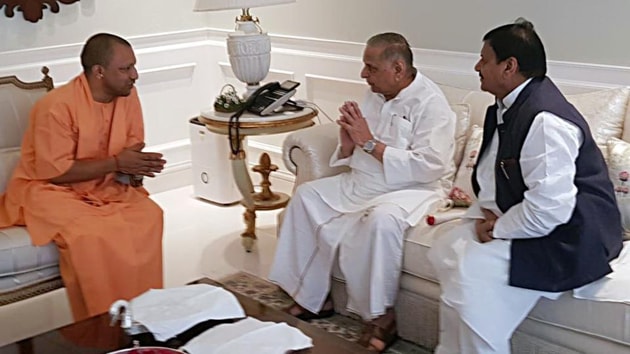 Uttar Pradesh Chief Minister Yogi Adityanath meets Mulayam Singh Yadav to wish him for Deepawali at the residence of Mulayam Singh. Shivpal Singh Yadav also present during the meeting, in Lucknow on Wednesday. (Photo: ANI) Uttar Pradesh Chief Minister Yogi Adityanath meets Mulayam Singh Yadav to wish him for Deepawali at the residence of Mulayam Singh. Shivpal Singh Yadav also present during the meeting, in Lucknow on Wednesday. (Photo: ANI)