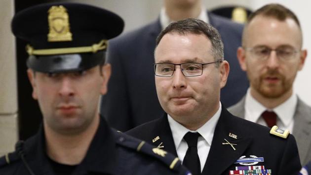 Army Lt. Col. Alexander Vindman, a military officer at the National Security Council, departs a closed door meeting after testifying as part of the House impeachment inquiry into President Donald Trump. (AP) Army Lt. Col. Alexander Vindman, a military officer at the National Security Council, departs a closed door meeting after testifying as part of the House impeachment inquiry into President Donald Trump. (AP)