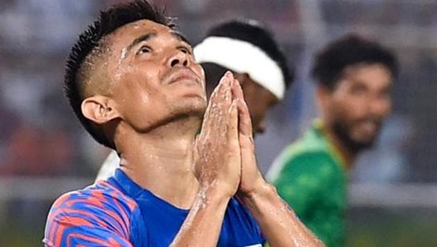 Sunil Chhetri reacts after missing a goal during FIFA World Cup 2022 Qualifier match against Bangladesh.(PTI) Sunil Chhetri reacts after missing a goal during FIFA World Cup 2022 Qualifier match against Bangladesh.(PTI)