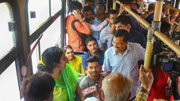 Delhi Chief Minister Arvind Kejriwal interacts with women passengers to get feedback about his government's free-ride scheme, in New Delhi, Wednesday. (PTI) Delhi Chief Minister Arvind Kejriwal interacts with women passengers to get feedback about his government's free-ride scheme, in New Delhi, Wednesday. (PTI)