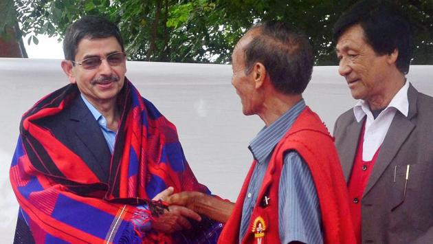 R N Ravi, interlocutor for Naga talks is presented with a traditional Shawl at a reception after his arrival to holds talks with Naga National Political Groups (NNPGs) at Dimapur in October 2017. That year, more Naga armed outfits under the banner of the NNPG joined talks. They have been holding separate talks with the Centre since 2017. Ravi is expected to hold dialogue with the NNPG in the coming days too. (PTI)