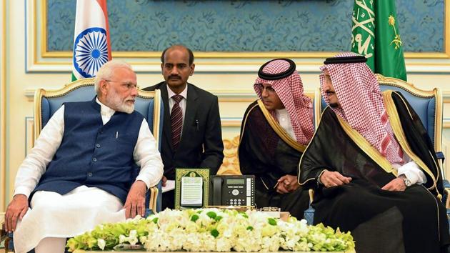 Prime Minister Narendra Modi meets H.M. King Salman bin Abdulaziz Al Saud in Riyadh, Saudi Arabia. (PTI photo) Prime Minister Narendra Modi meets H.M. King Salman bin Abdulaziz Al Saud in Riyadh, Saudi Arabia. (PTI photo)