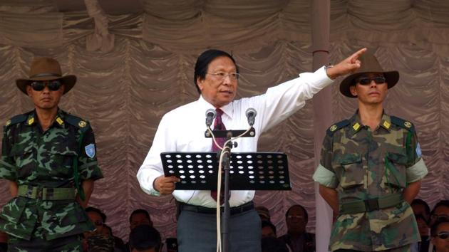 NSCN-IM and the outfit’s leader Thuingaleng Muivah in March 2017. A team of the NSCN(IM) led by its general secretary Muivah and the Centre’s interlocutor and now Nagaland Governor R N Ravi discussed possible ways to find an “honourable” solution to address the sticky issue of a separate flag and Constitution on Monday which has become the main bone of contention between the two sides. (HT Photo)