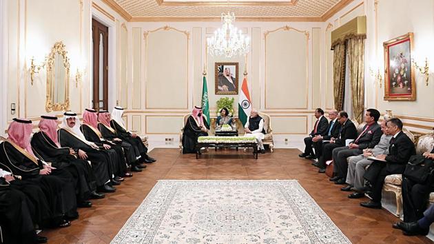 Prime Minister Narendra Modi meets the Crown Prince of Saudi Arabia, Mohammed bin Salman Al Saud, in Riyadh on Tuesday. (ANI Photo) Prime Minister Narendra Modi meets the Crown Prince of Saudi Arabia, Mohammed bin Salman Al Saud, in Riyadh on Tuesday. (ANI Photo)