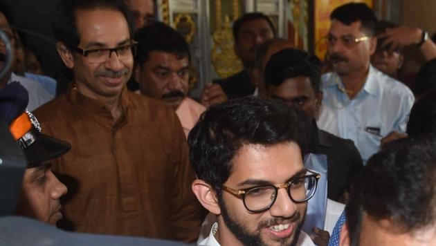 Shiv Sean chief Uddhav Thackeray and Yuva Sena chief and newly elected MLA Aaditya Thackeray leaves after the announcement of Eknath Shinde as party legislative leader, at Shiv Sena Bhavan in Mumbai.(HT Photo) Shiv Sean chief Uddhav Thackeray and Yuva Sena chief and newly elected MLA Aaditya Thackeray leaves after the announcement of Eknath Shinde as party legislative leader, at Shiv Sena Bhavan in Mumbai.(HT Photo)
