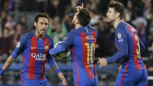 File image of Neymar celebrating a goal with Lionel Messi and Gerard Pique (L-R).(AP)