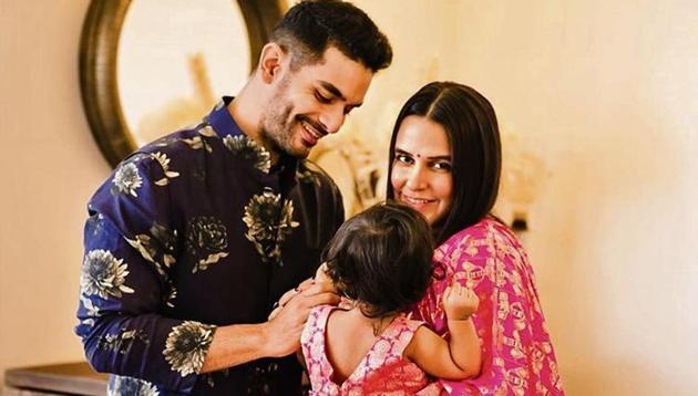 Angad Bedi with wife Neha Dhupia and daughter Mehr.