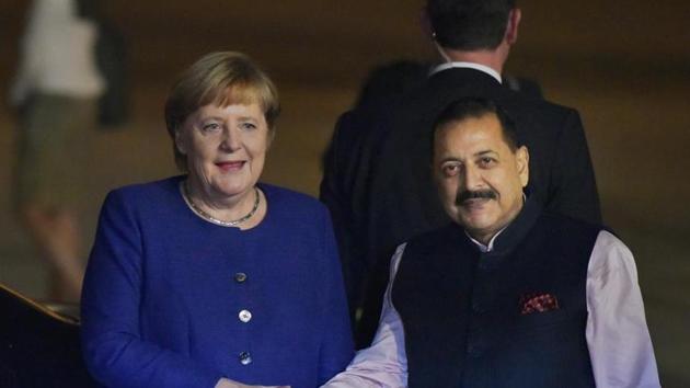 German Chancellor Angela Merkel seen with Union minister Jitendra Singh at Palam Technical Airport, in New Delhi. (Vipin Kumar / Hindustan Times) German Chancellor Angela Merkel seen with Union minister Jitendra Singh at Palam Technical Airport, in New Delhi. (Vipin Kumar / Hindustan Times)