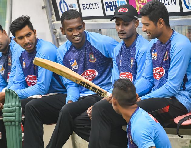 Bangladeshi cricketers Soumya Sarkar, Al-Amin Hossain, Saiful Islam, Mahmudullah Riyad and Mohammad Mithun during a practice session at Arun Jaitley Stadium in New Delhi. (PTI)