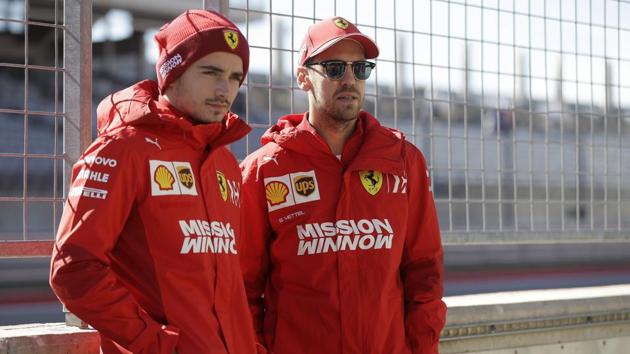 Ferrari driver Charles Leclerc and Ferrari driver Sebastian Vettel pose for a photo during the U.S. Grand Prix. (AP) Ferrari driver Charles Leclerc and Ferrari driver Sebastian Vettel pose for a photo during the U.S. Grand Prix. (AP)