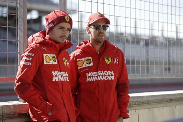 Ferrari driver Charles Leclerc and Ferrari driver Sebastian Vettel pose for a photo during the Formula One U.S. Grand Prix. (AP) Ferrari driver Charles Leclerc and Ferrari driver Sebastian Vettel pose for a photo during the Formula One U.S. Grand Prix. (AP)