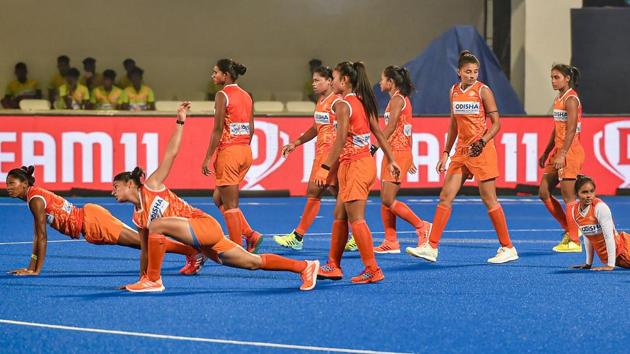 Indian women's hockey team players during a training session on the eve of their FIH Hockey Olympic Qualifiers 2019 match against USA, at Kalinga Stadium in Bhubaneswar, Odisha, Thursday, Oct. 31, 2019. (PTI) Indian women's hockey team players during a training session on the eve of their FIH Hockey Olympic Qualifiers 2019 match against USA, at Kalinga Stadium in Bhubaneswar, Odisha, Thursday, Oct. 31, 2019. (PTI)