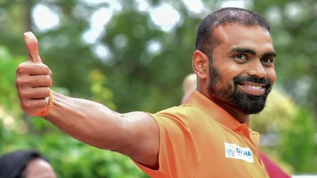 Indian men's hockey team goalkeeper PR Sreejesh during a media interaction at Sports Authority of India, in Bengaluru.(PTI)