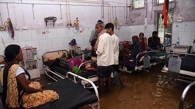 A ward being submerged after heavy rain, at Nalanda Medical College and Hospital (NMCH), in Patna in September.(ANI Photo)