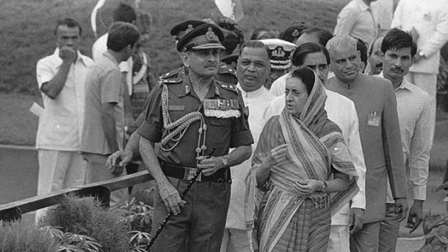 Indira Gandhi’s assassination on October 31, 1984 by her bodyguards was a direct response to Operation Blue Star which was considered a desecration of the Sikh shrine. On her death, Rajiv Gandhi was appointed as the 6th Prime Minister of India. In this photo Indira Gandhi is seen with army officials at Rajghat on August 15, 1984, two months before her death. (Virendra Prabhakar / HT Archive)