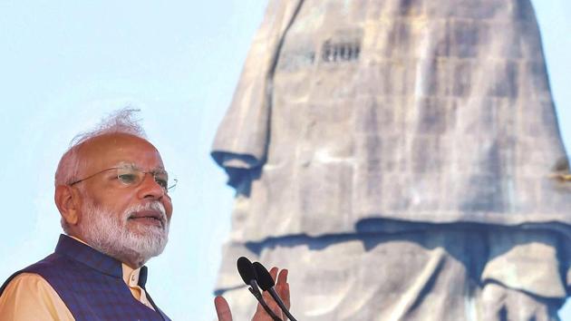 Prime Minister Narendra Modi addresses a gathering at the Statue of Unity on the occasion of 144th birth anniversary of Sardar Vallabhbhai Patel, at Kevadia in Narmada district of Gujarat. (PTI) Prime Minister Narendra Modi addresses a gathering at the Statue of Unity on the occasion of 144th birth anniversary of Sardar Vallabhbhai Patel, at Kevadia in Narmada district of Gujarat. (PTI)