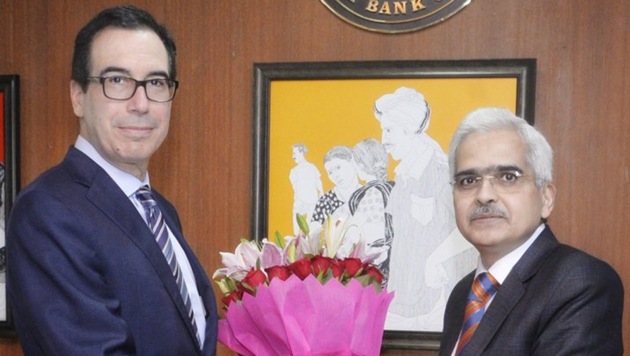 US Treasury Secretary Steven Mnuchin met RBI Governor Shaktikanta Das in the financial capital on Saturday.(ANI/Twitter)