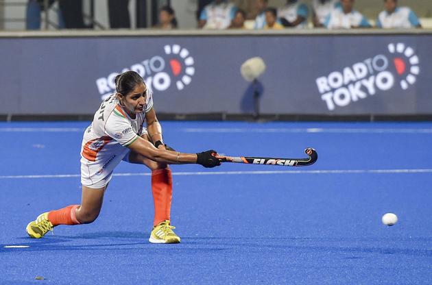 Gurjit Kaur scores a goal from a penalty strike during FIH Hockey Olympic Qualifiers 2019 (Women) match against USA , at Kalinga Stadium.(PTI)
