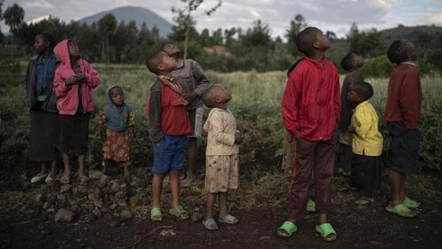 Children watch a drone flying near the Volcanoes National Park in Kinigi. Once depicted in legends and films like “King Kong” as fearsome beasts, gorillas are actually languid primates that eat only plants and insects, and live in fairly stable, extended family groups. Their strength and chest-thumping displays are generally reserved for contests between male rivals. (Felipe Dana / AP)