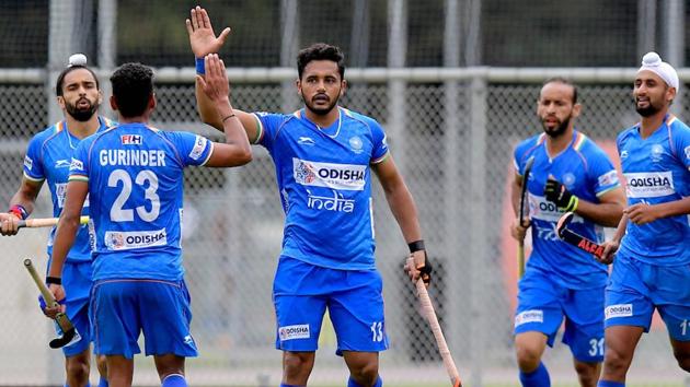 Harmanpreet Singh (C) celebrates with teammates after scoring a goal against Spain in the India-Spain hockey test series. (PTI) Harmanpreet Singh (C) celebrates with teammates after scoring a goal against Spain in the India-Spain hockey test series. (PTI)
