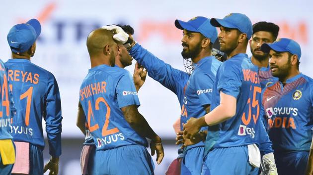 Indian cricketers celebrate the dismissal of Bangladesh's Naim Sheikh. (PTI) Indian cricketers celebrate the dismissal of Bangladesh's Naim Sheikh. (PTI)