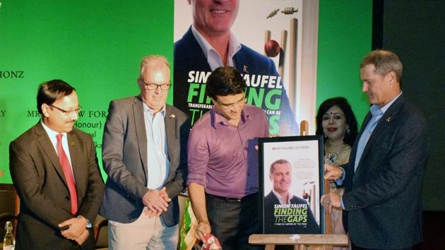 BCCI President Sourav Ganguly along with Andrew Ford and Simon Taufel during the launch of the book by Taufel--”Finding the Gaps”, in Kolkata, West Bengal. (ANI)