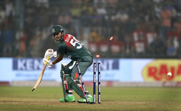 Bangladesh's Soumya Sarkar cleans bold by India's Khaleel Ahmed. (AP)