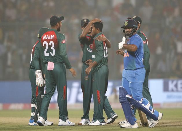 Bangladesh's Afif Hossain celebrates the wicket of India's Shivam Dubẹ. (AP)