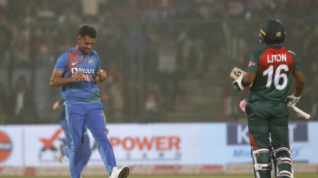 India's Rahul Chahar celebrates the wicket of Bangladesh's Liton Das. (AP) India's Rahul Chahar celebrates the wicket of Bangladesh's Liton Das. (AP)