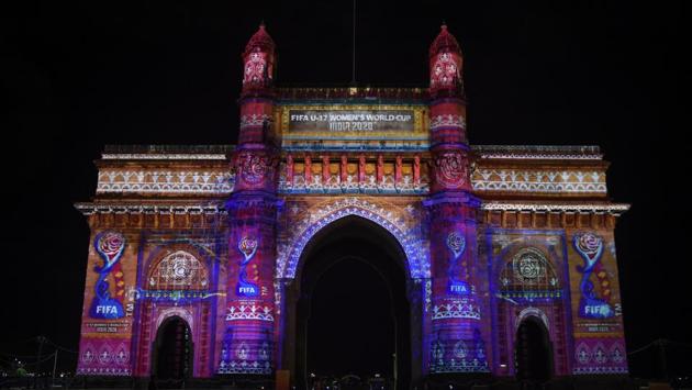 A view of the Gateway of India being illuminated on the occasion of the unveiling of the FIFA U-17 Women’s World Cup India 2020 Official Emblem in Mumbai, Maharashtra. (Indranil Mukherjee / AFP)