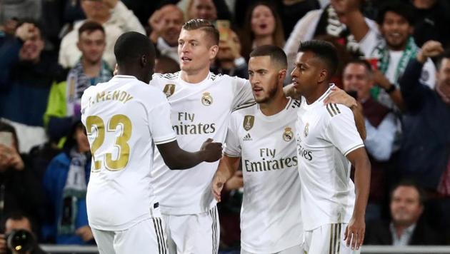 Real Madrid's Eden Hazard celebrates scoring a goal before it is disallowed following a referral to VAR.(REUTERS)