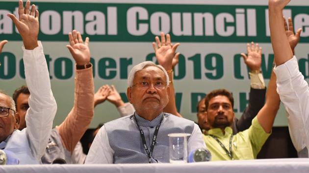 Bihar chief minister and Janata Dal United president, Nitish Kumar during the National Council Meeting of the party in New Dellhi, October 30, 2019. (Sanchit Khanna/HT PHOTO) Bihar chief minister and Janata Dal United president, Nitish Kumar during the National Council Meeting of the party in New Dellhi, October 30, 2019. (Sanchit Khanna/HT PHOTO)
