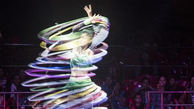 An artist performs at Rambo Circus in Malad West, Mumbai, Maharashtra. (Satyabrata Tripathy / HT Photo)