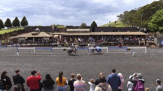 Two jousting competitors come together during the inaugural Ashes jousting tournament. Despite the homage to cricketing history, Leitch doesn’t think the sporting events are really on an equal footing. (William West / AFP)