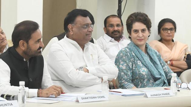 Congress Leaders Shaktisinh Gohil, Avinash Pandey, Priyanka Gandhi Vadra, during a meeting of AICC General Secretaries, State Incharges and Chiefs of Frontal Organisations, at AICC HQ in New Delhi. Congress’s chief spokesperson Randeep Surjewala alleged on Sunday that this indicated the Union government was involved in a “surveillance racket”. (Raj K Raj/HT PHOTO) Congress Leaders Shaktisinh Gohil, Avinash Pandey, Priyanka Gandhi Vadra, during a meeting of AICC General Secretaries, State Incharges and Chiefs of Frontal Organisations, at AICC HQ in New Delhi. Congress’s chief spokesperson Randeep Surjewala alleged on Sunday that this indicated the Union government was involved in a “surveillance racket”. (Raj K Raj/HT PHOTO)
