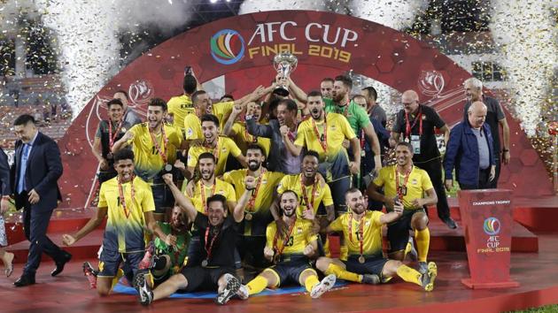 Lebanon Al Ahed FC players celebrate after winning AFC Cup.(AP)
