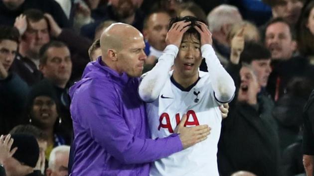 Son Heung-min looks dejected after Everton's Andre Gomes sustains an injury(Action Images via Reuters)