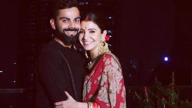 While Anushka opted for a red Sabyasachi saree for Karva Chauth, Virat rocked a black kurta. (INSTAGRAM)