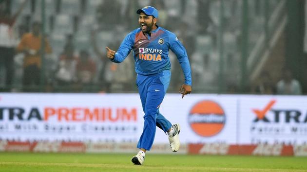 Rohit Sharma celebrates the dismissal of Bangladesh's Liton Das.(PTI)