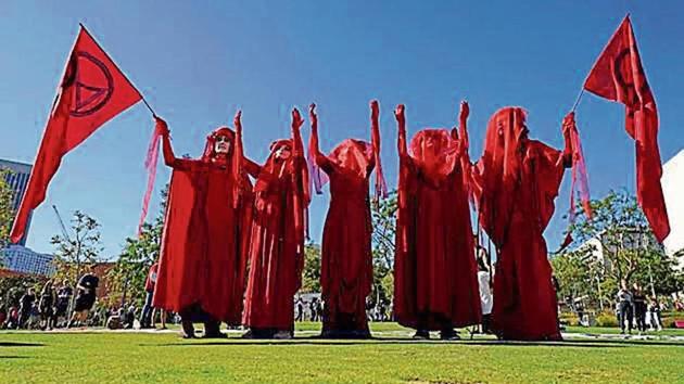 Extinction Rebellion protesters at a rally as part of the Youth Climate Strike in Los Angeles, California. (Reuters Photo) Extinction Rebellion protesters at a rally as part of the Youth Climate Strike in Los Angeles, California. (Reuters Photo)
