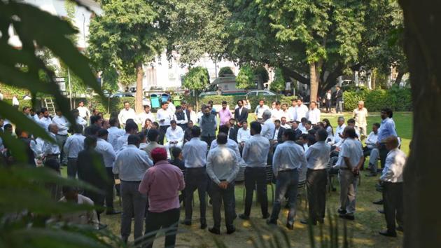 Lawyers in the city said they would continue their strike at all the district courts, demanding the arrest of the erring police for opening fire at the Tis Hazari court complex. High Court on Wednesday declined Centre’s request to clarify order in the lawyers vs police case, saying it is self-explanatory. (Amal KS / HT Photo)