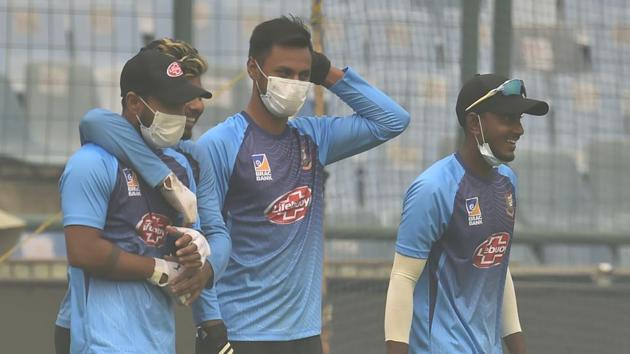 Bangladesh cricket players during a practice session at Arun Jaitley Stadium.(PTI)